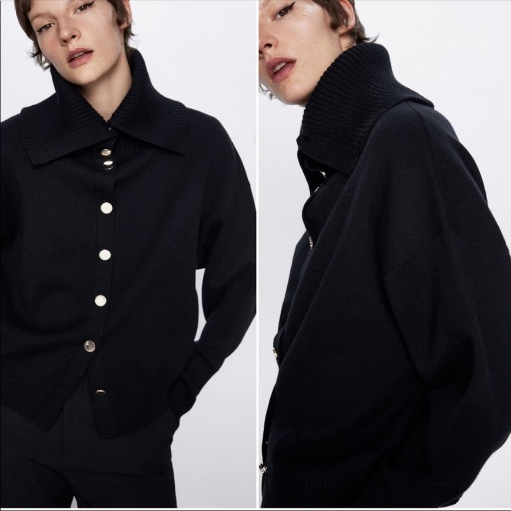 Zara | Black High Neck Cardigan Sweater w/ Pockets